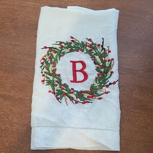 White Linen Towel with Red Monogram and Green Wreath